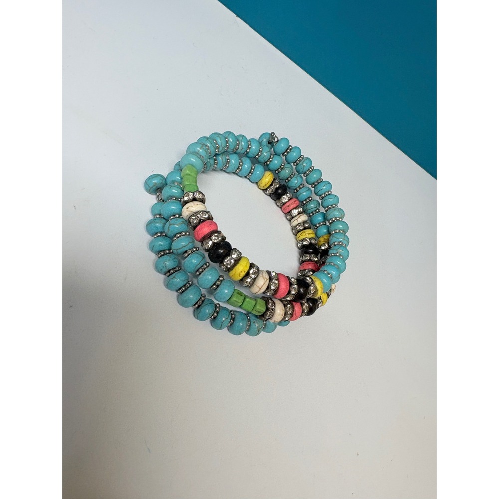 Turquoise Beaded Memory Wire Wrap Bracelet Multicolor Rhinestone Boho Stacked